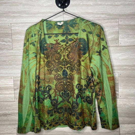 Susan Lawrence Petites Womens Sz PL Square Neck Long Sleeve Blouse Green Bling