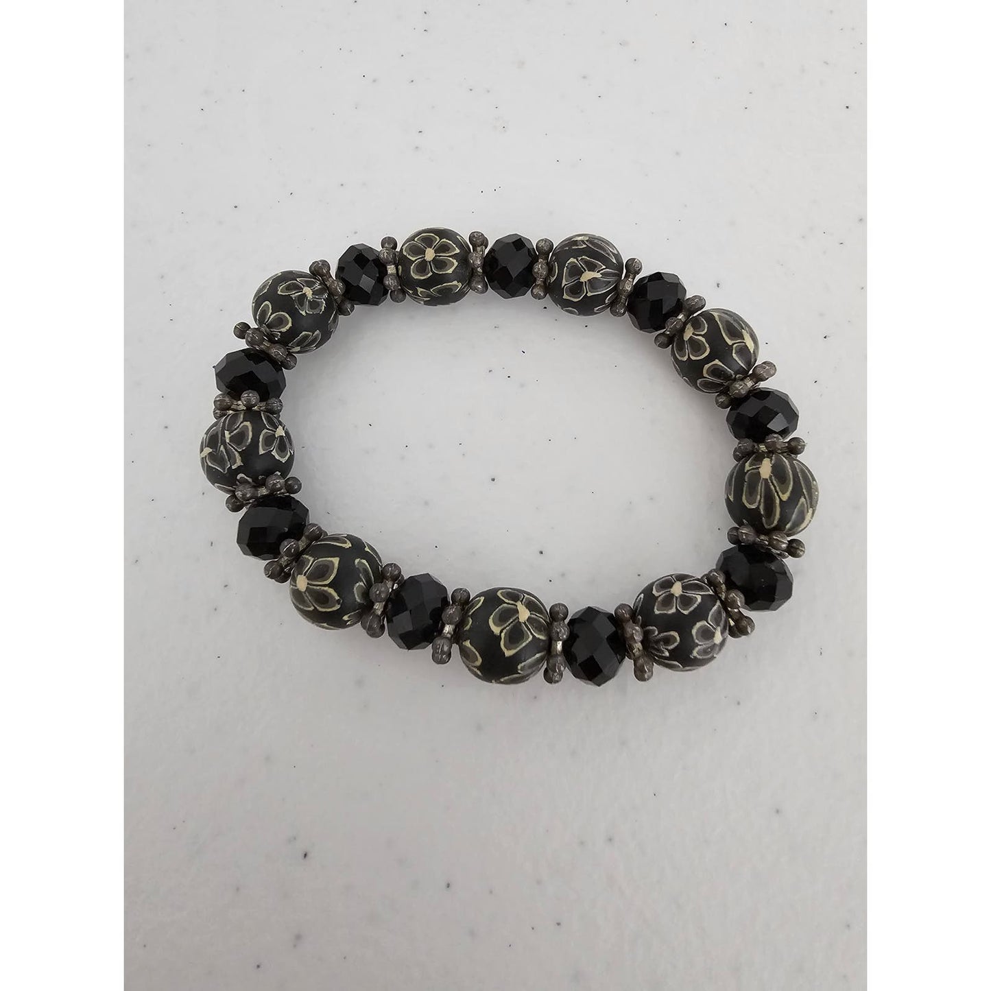 Vintage Y2K Single Strand Round Bead Bracelet Black w/ Flower Print Beads