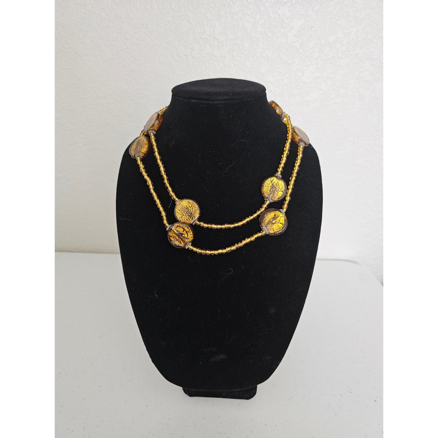 Vintage Mid Century Gold Glass Beaded Single Strand Necklace