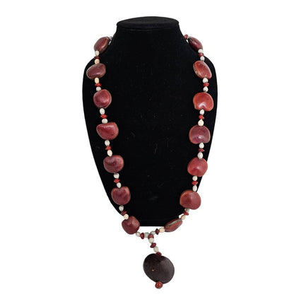 Vintage Mid Century Dark Red Shell Chunky Beaded Necklace Primitive