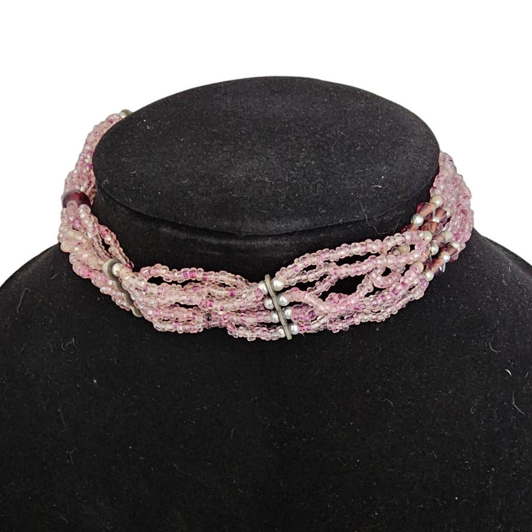 Vintage Y2K Multi Strand Seed Bead Translucent Choker Necklace Light Pink