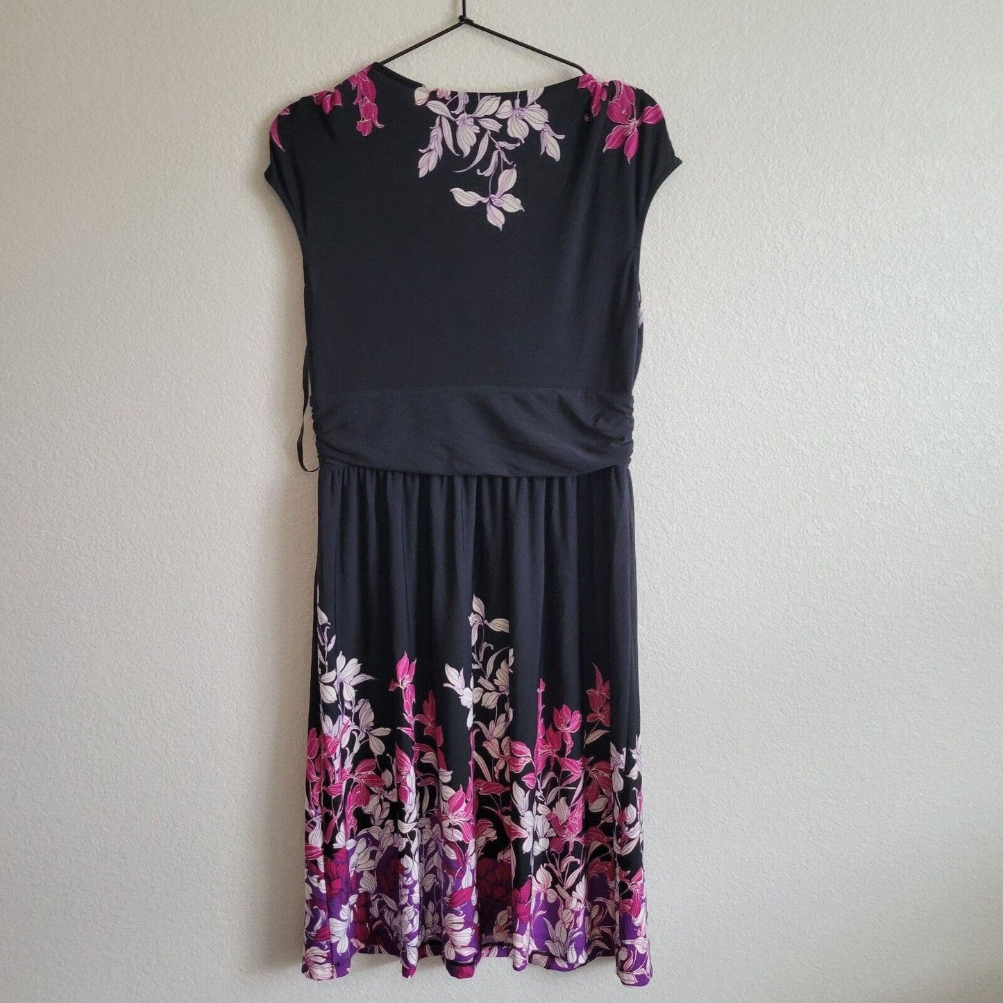 Apt 9 Womens Sz M Midi Career Dress Black w/ Pink and Purple Flowers