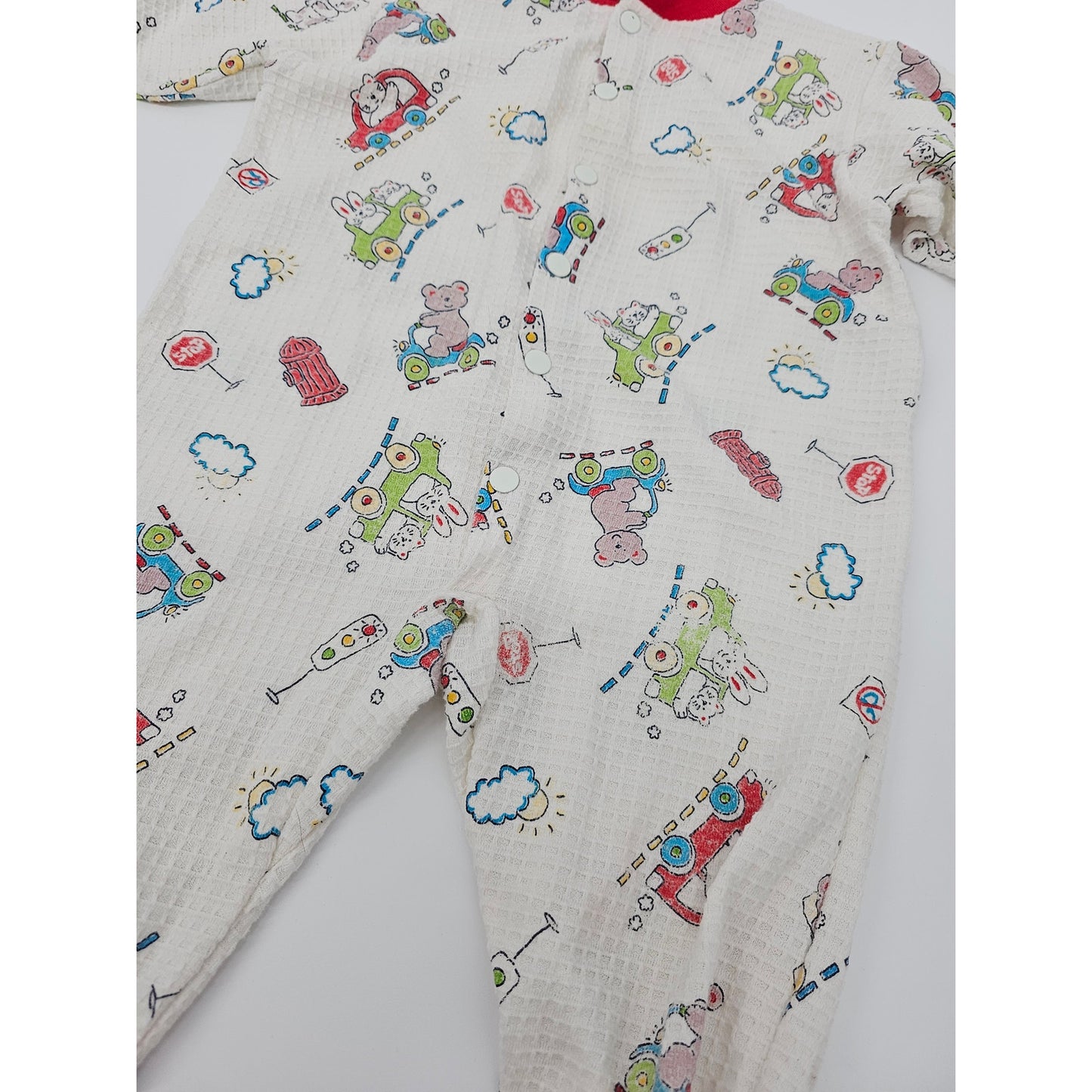 Vintage 1980s Baby Boys Sz 12M Waffle Knit One Piece Pajama Snugabye Cars