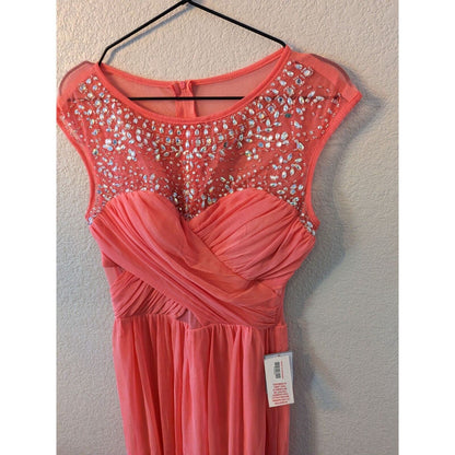 B Darlin Juniors Sz 13 Maxi Formal Dress Coral Rhinestone Top NEW