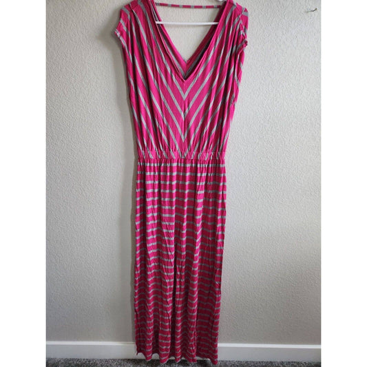 Mossimo Womens Sz L Maxci Dress Pink and Gray Striped Jersey Knit