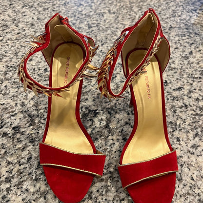 Shoe Republic LA Womens Sz 10 Red and Gold Trim High Heel Sandals Y2K Drag