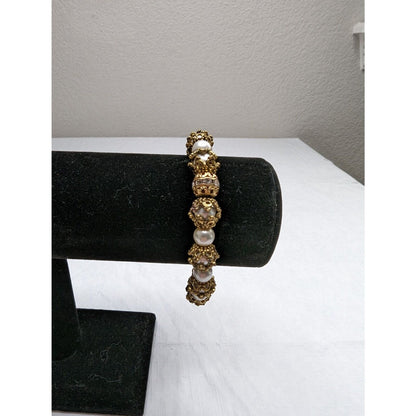 Vintage Gold Tone and Pearl Beaded Bracelet Mid Century