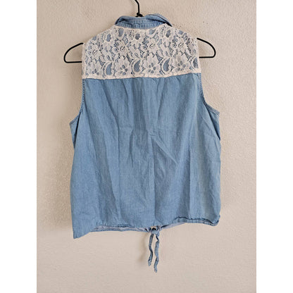 BLEU Womens Sz XL Sleeveless Button Up Shirt Blue Denim Lace Trim Western