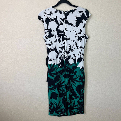 R&K Womens Sz M Knee Length Dress White Green Floral Wrap Style