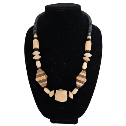 Vintage Mid Century Chunky Wooden Beaded Necklace Brown Geometric