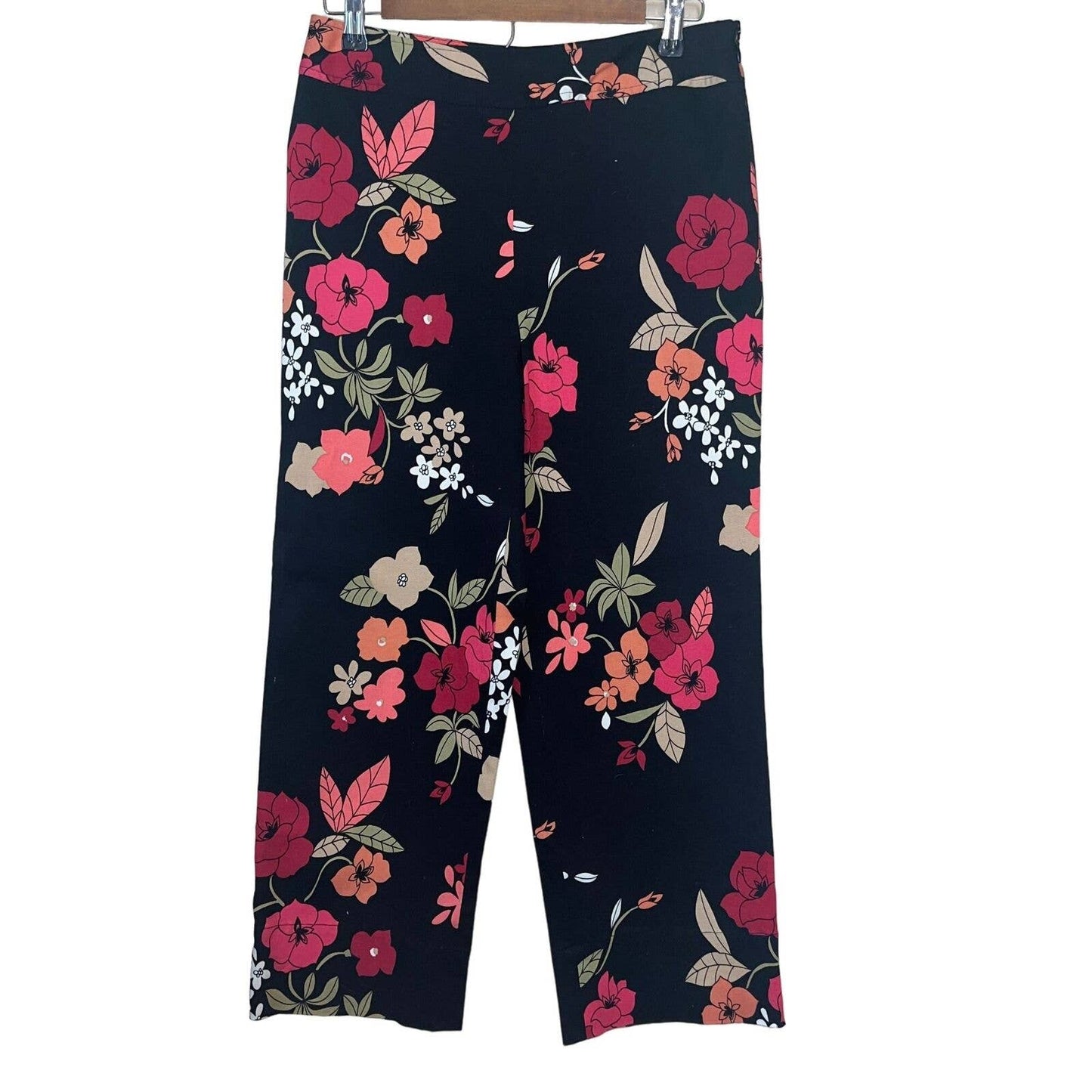 Vintage Rafaella mujeres Sz 8 Capri longitud pierna recta pantalones de algodón floral negro