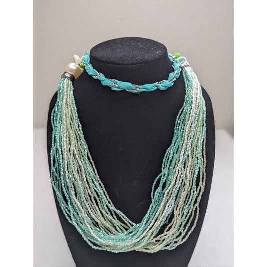 Vintage Aqua Seed Beads Multi strand Statement Necklace Ocean Colors