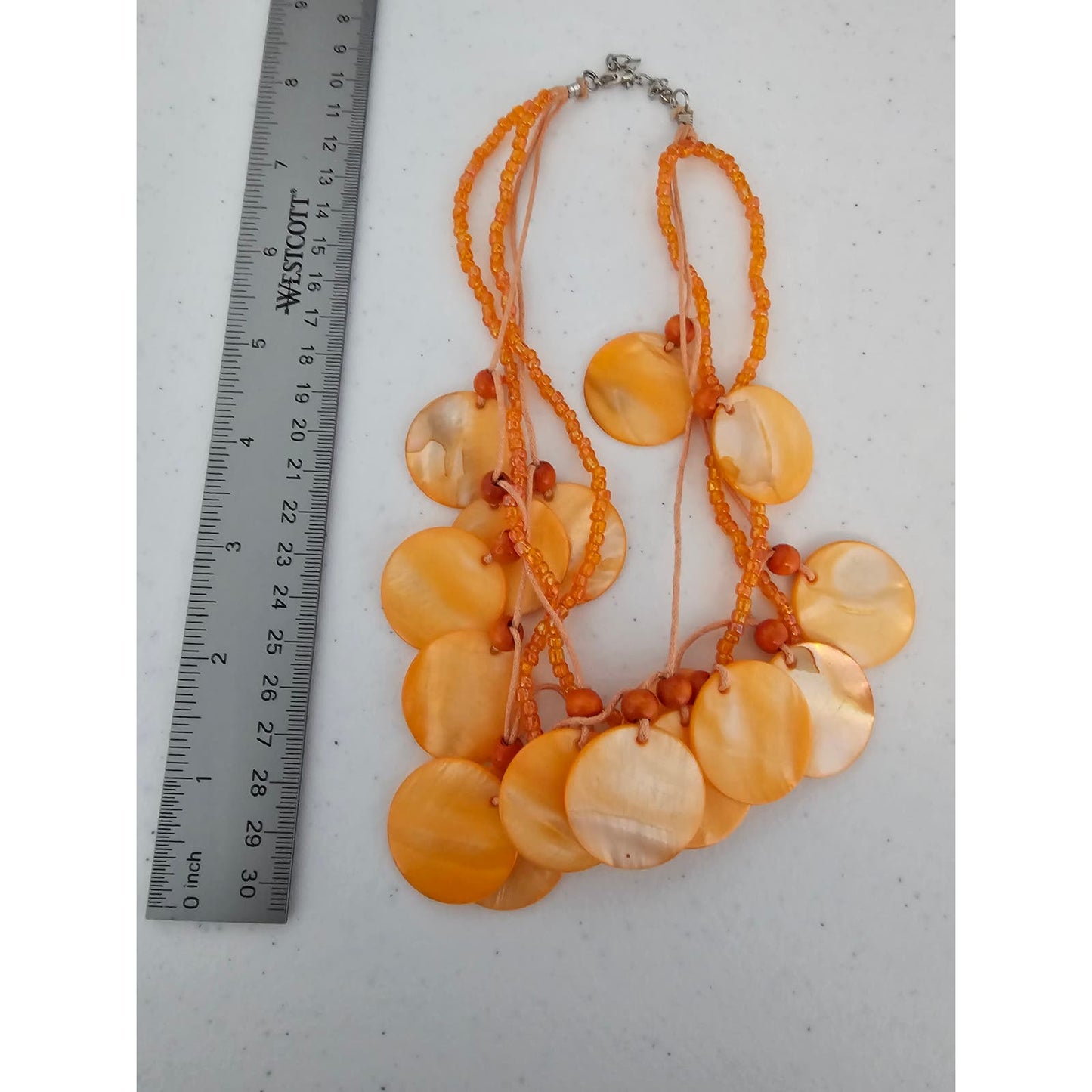 Vintage 1980s Pastel Orange Layered Disk Beaded Necklace Mother of Pearl