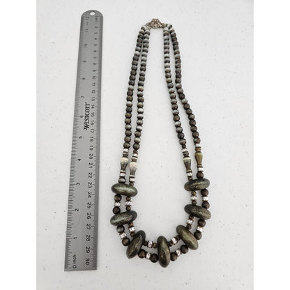 Vintage 2 Strand 1970s Metallic Beaded Necklace Bronze Silver Brown