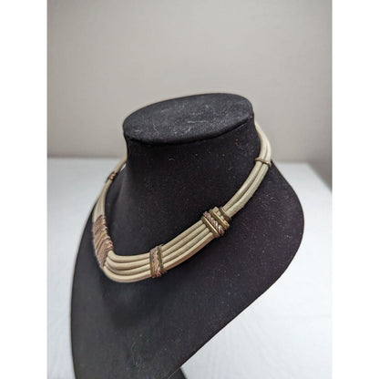 Vintage Leather Rope and Brass Bib Style 1970s Necklace