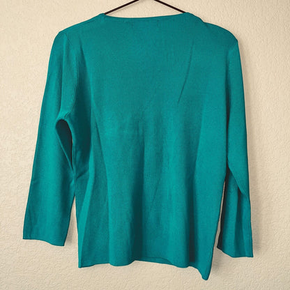 Mirasol Womens Sz L Long Sleeve V Neck Green Teal Blouse Ribbed