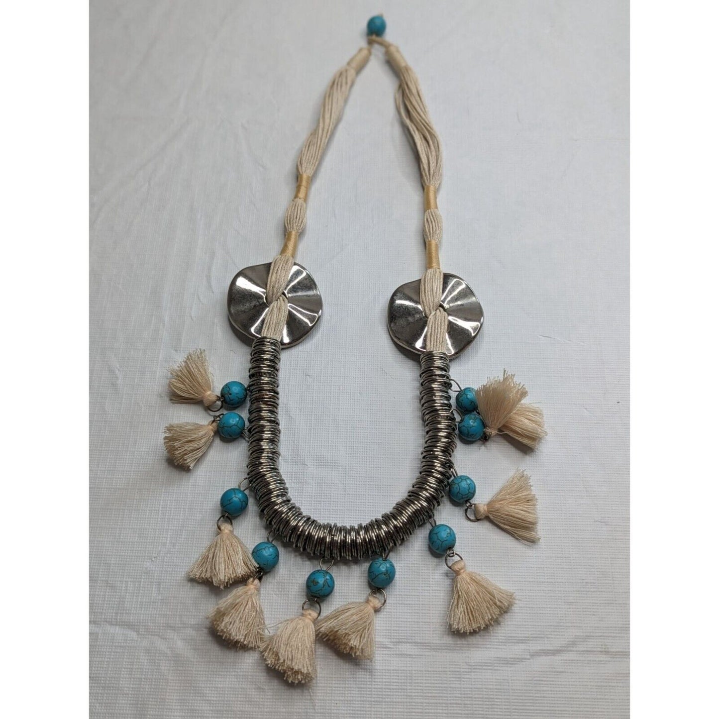 Vintage Native American Rope Style Necklace Tassels Turquoise Beaded Statement