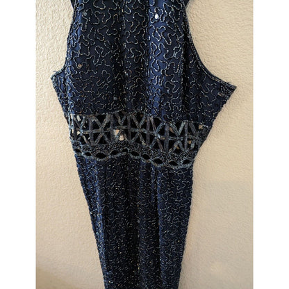 vintage 90s Sean Collection 100% silk beaded formal gown Navy Sz XL
