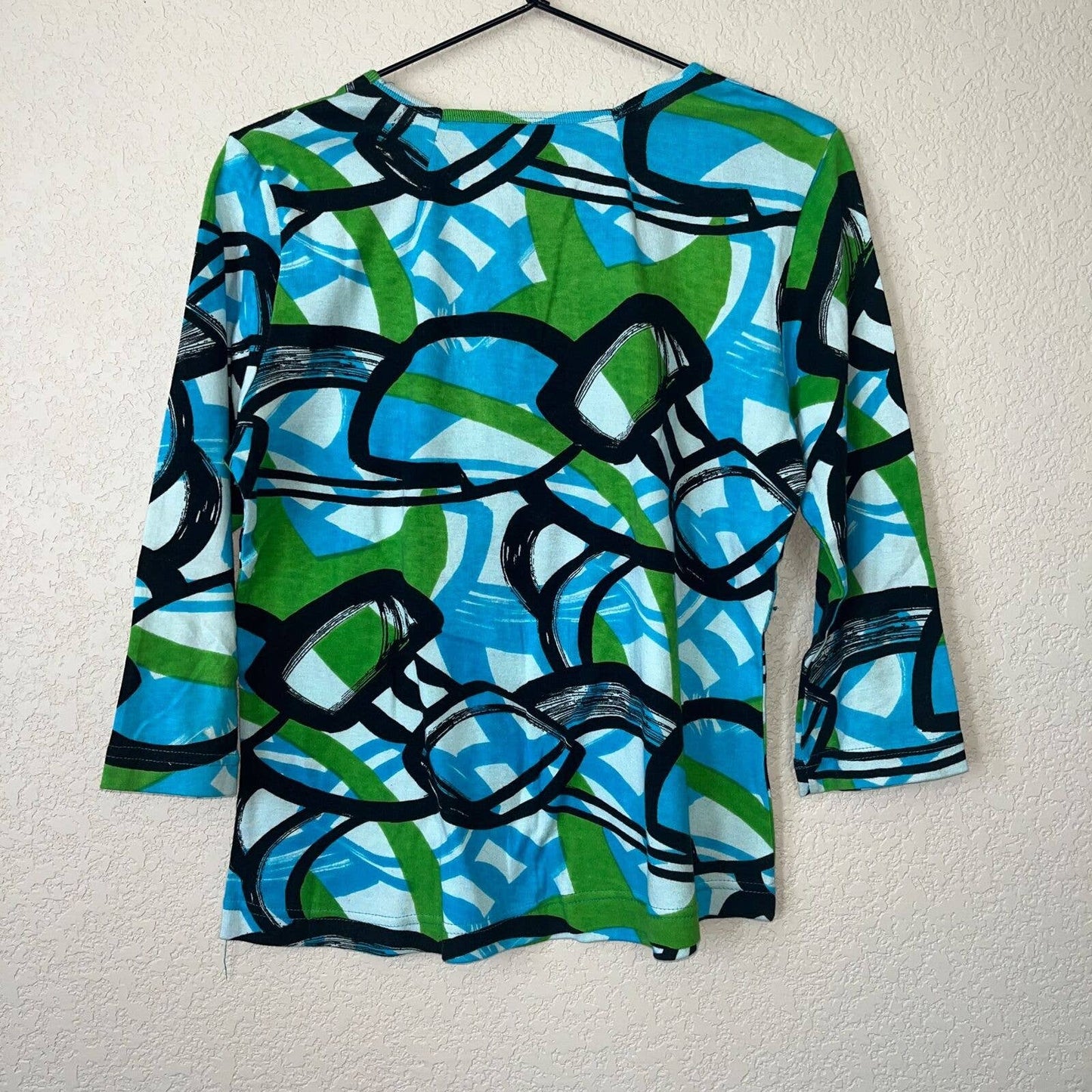 Life Style Womens Sz PM Petite Abstract Blouse Shirt Blue Green Black