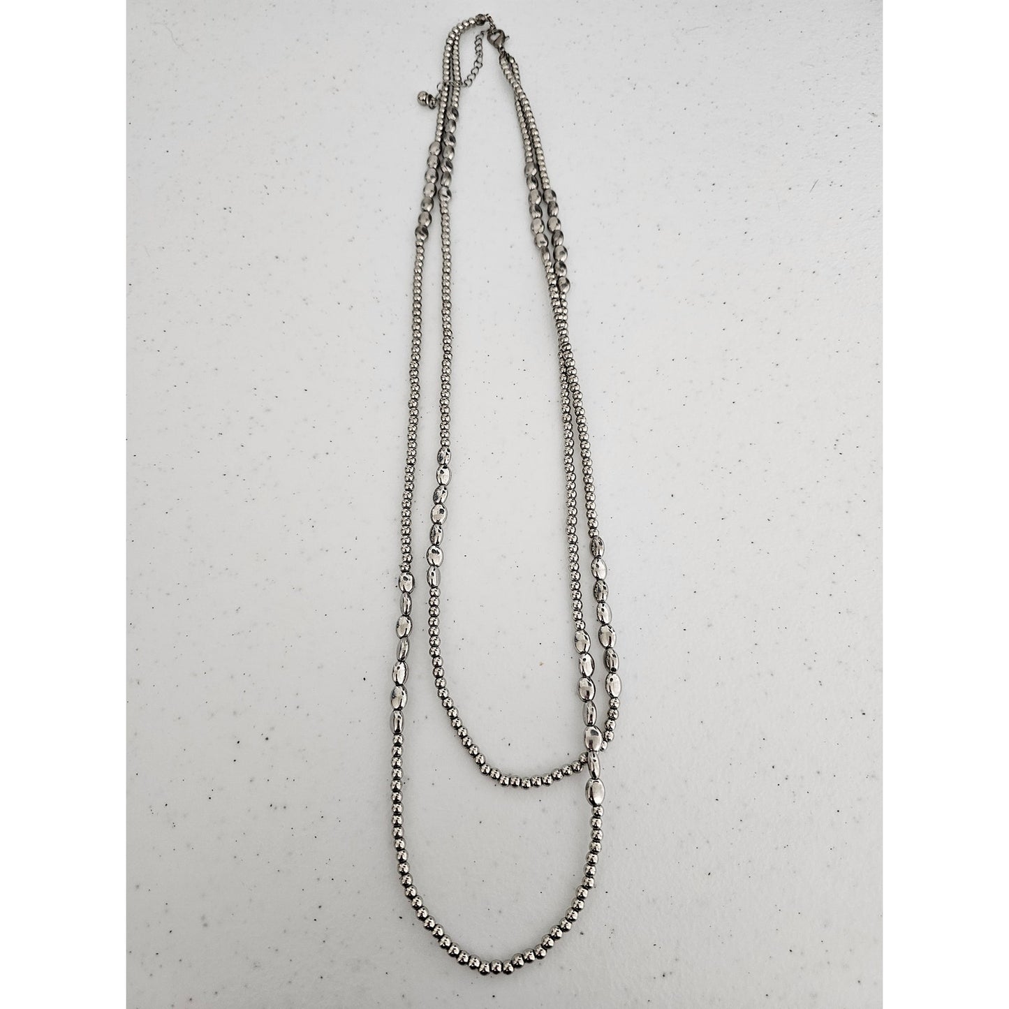 Vintage 1990s 2 Strand Beaded Necklace Metal Silver Tone Beads