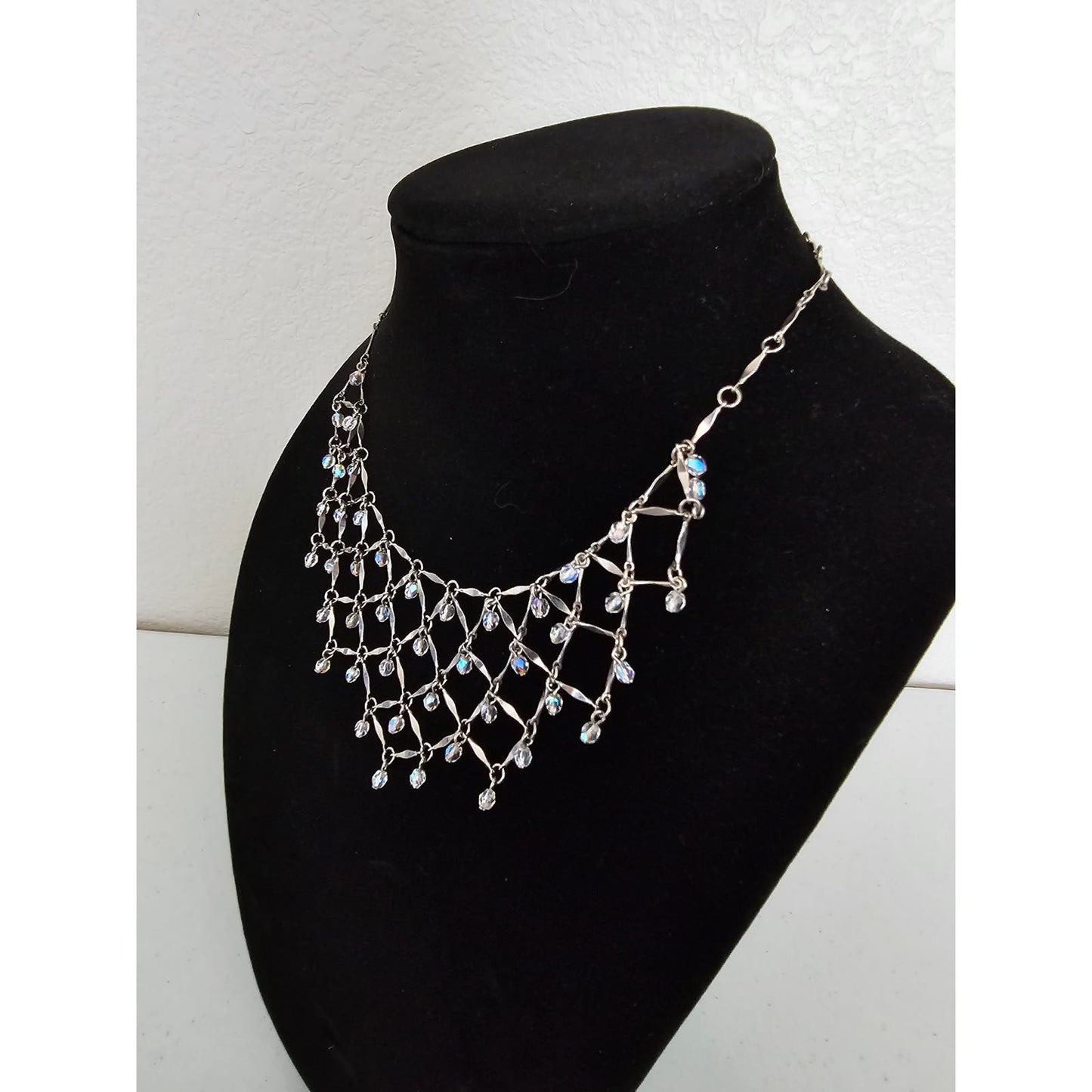 Vintage Y2K Dainty Webbed Bib Style Formal Necklace Silver Tone Rhinestones