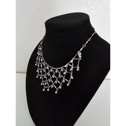 Vintage Y2K Dainty Webbed Bib Style Formal Necklace Silver Tone Rhinestones