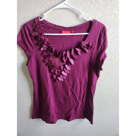 Elle Womens Sz M Dark Purple Ruffled Front T Shirt Short Sleeve