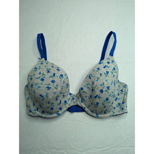 Victorias Secret Sz 34D Lined Perfect Coverage T Shirt Bra Cotton Gray Blue Flor