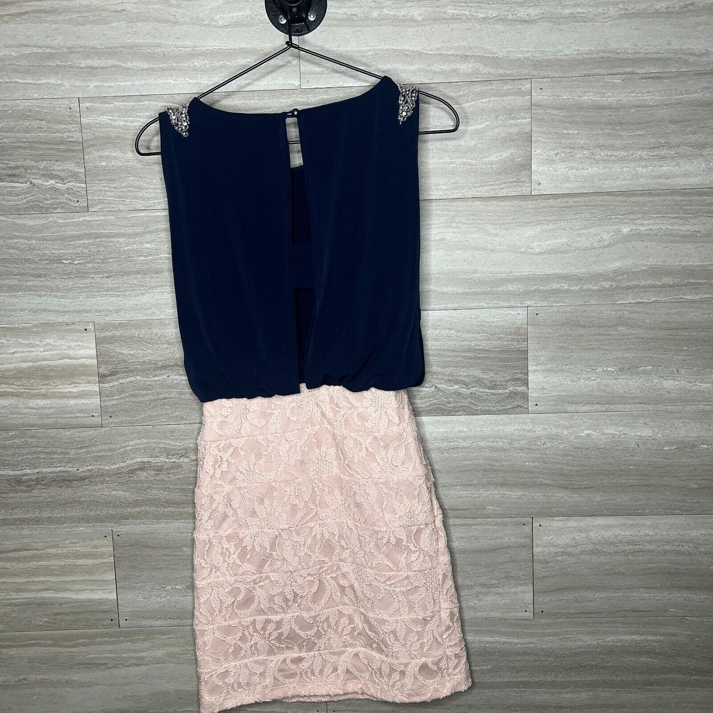 Jodi Kristopher Juniors Sz 3 Navy and Blush Dress Lace Open Back
