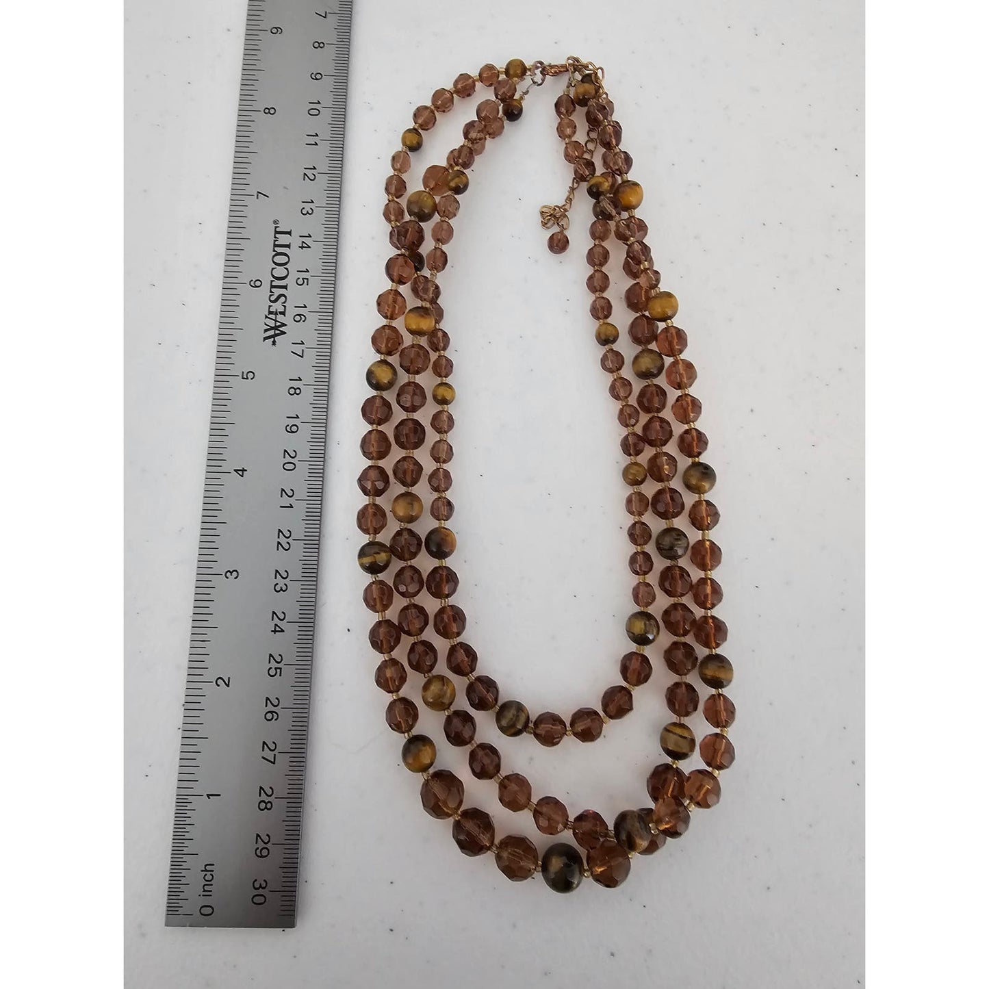 Vintage Mid Century 3 Strand Amber Glass Classic Necklace Tigers Eye Accent