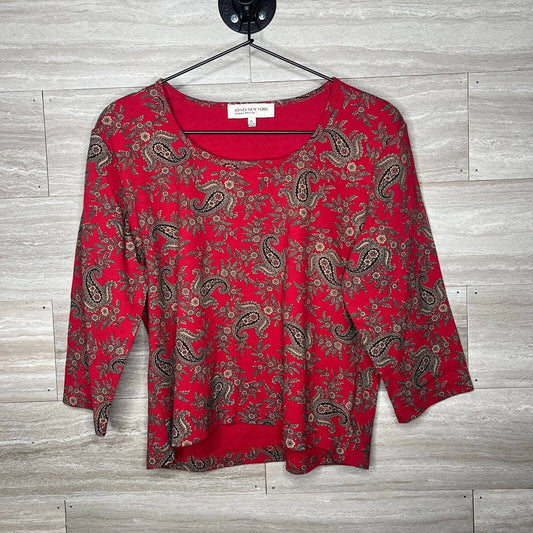 Jones New York Sport Petite Womens Sz PL Long Sleeve Blouse Red Gray Paisley