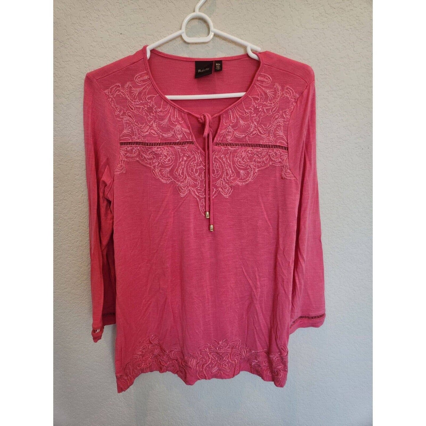 Rafaella Womens Sz S Long Sleeve T Shirt Blouse Embroidered Pink Tie Front