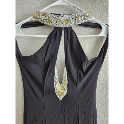 Vintage 1990s Sz 8 Formal Maxi Dress Black Beaded Front w/ Train Low Back