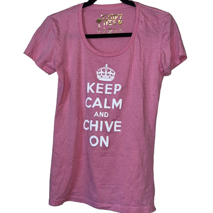 Chive Tees Womens Sz M Keep Calm and Chive On Pink White