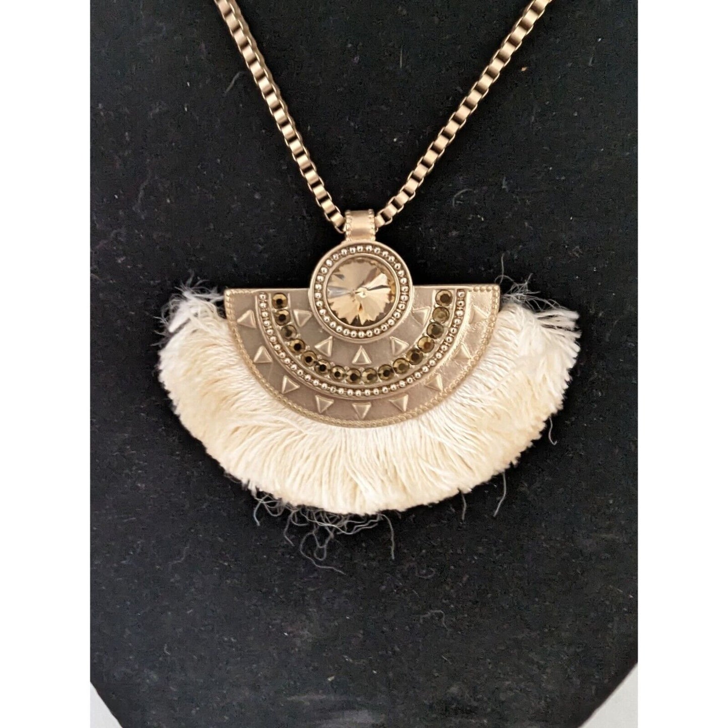 White House Black Market Gold Tone Fan Statement Necklace Fringe Boho