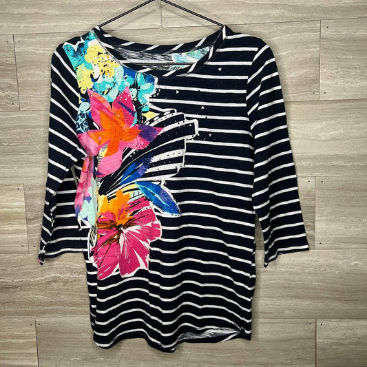 Onque Casuals Womens Sz Petite PL 3/4 Sleeve Cotton Top Striped Bright Floral