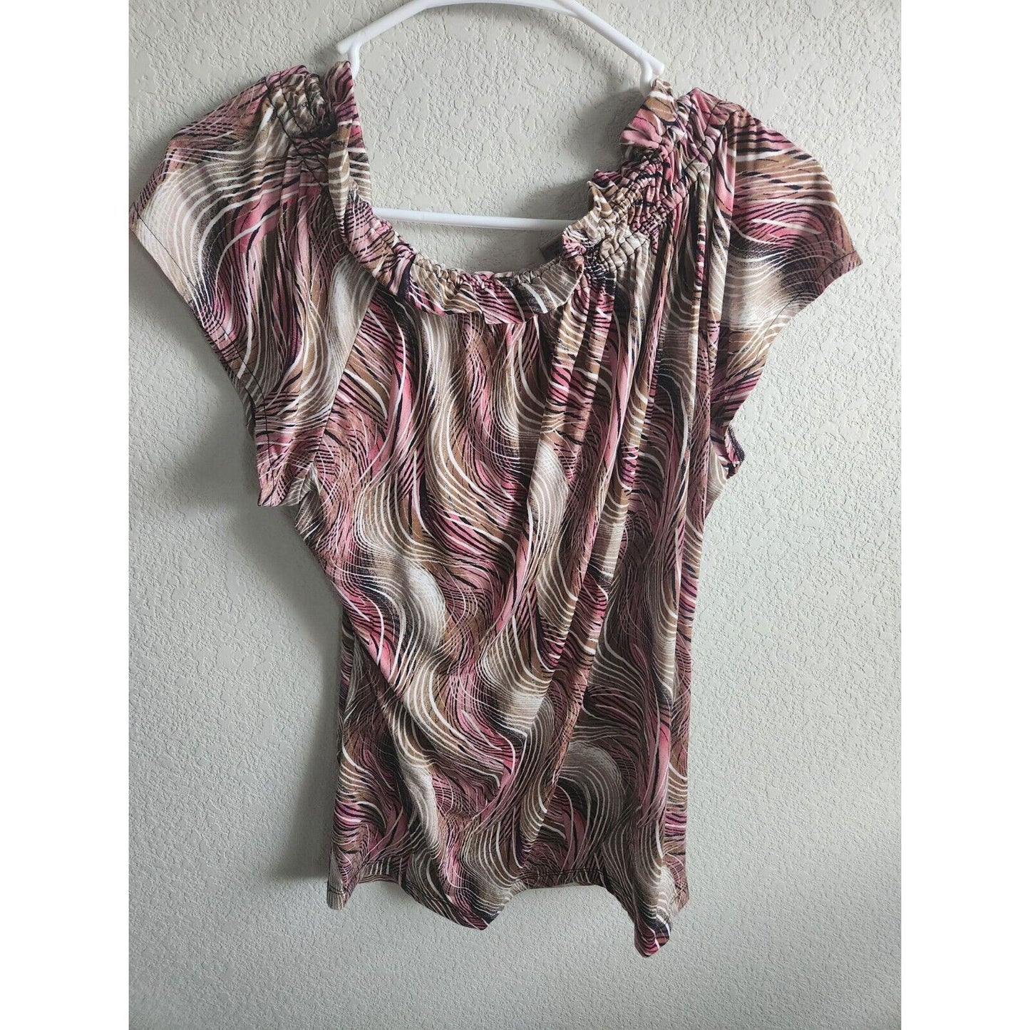 Worthington Womens Sz M Short Sleeve Blouse Pink Tan Abstract Print