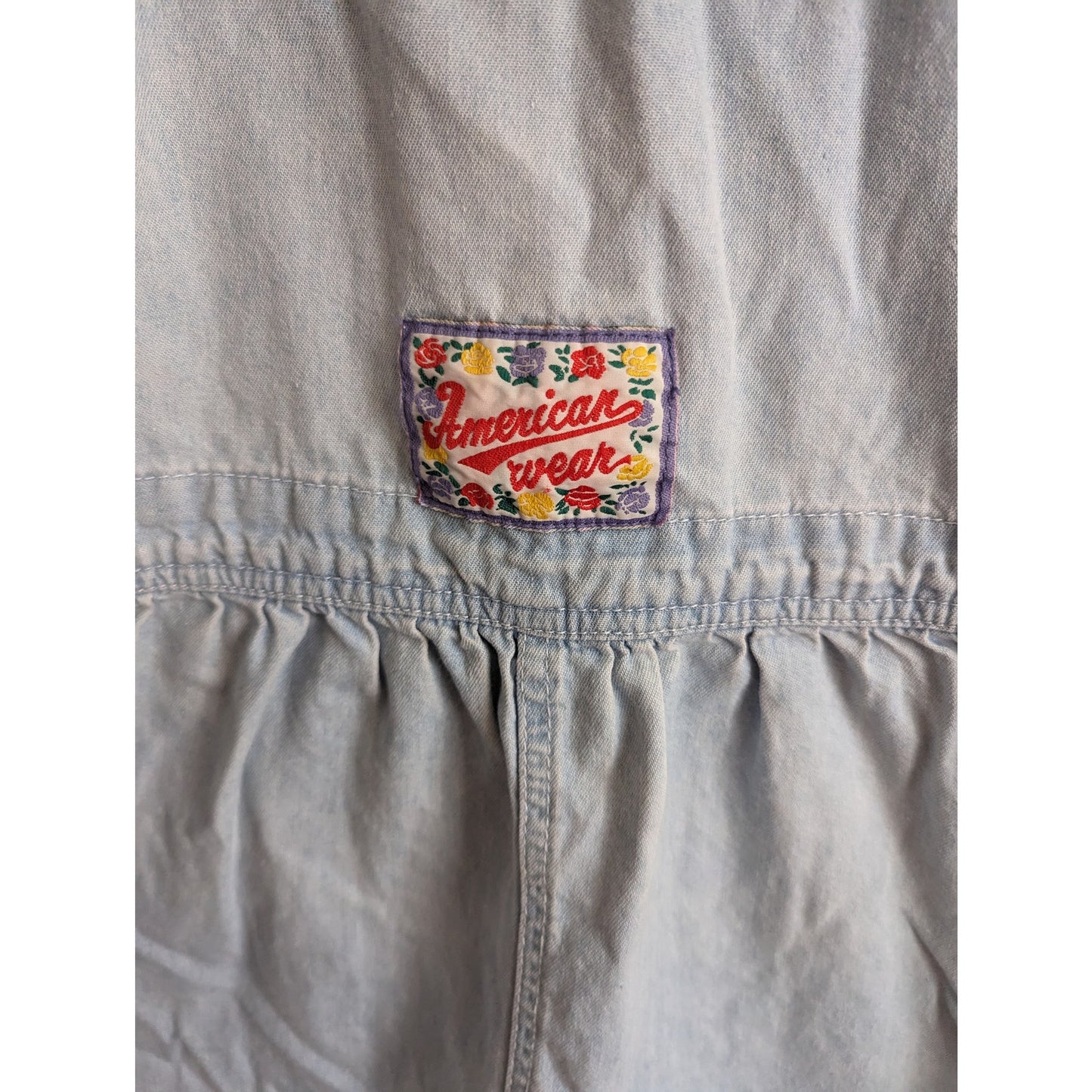 Vintage 1990s Girls Sz 14 Shortalls Overalls Blue Chambray Lace Trim