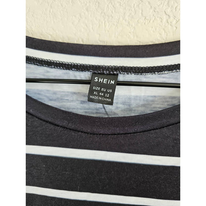 Shein Womens Sz XL Long Sleeve T Shirt Black White Striped Suede Pocket