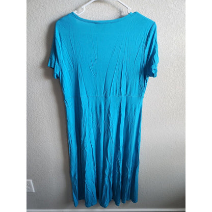 Jones New York Womens Sz L Midi Length Short Sleeve Dress Bright Blue Tie Front