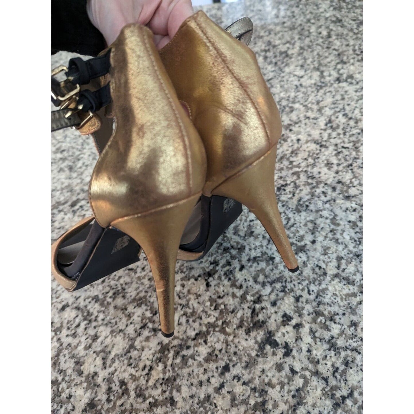 Michael Antonio Womens Sz 10 Gold and Black Leather High Heels