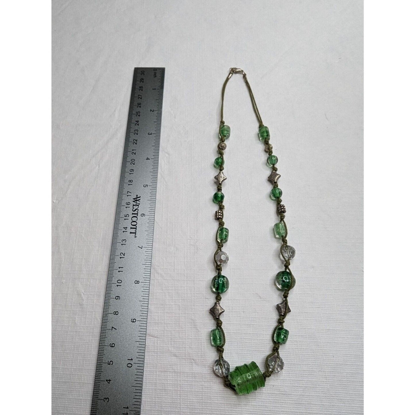 Vintage Green Glass Beaded Leather Rope Style Necklace Silvertone Accents