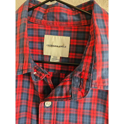 American Eagle Mens Sz M Long Sleeve Button Up Shirt Plaid Red Blue