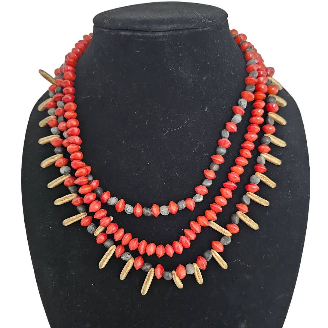 Vintage 1970s 3 Strand Beaded Necklace Red Wooden Beads