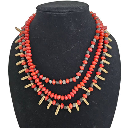 Vintage 1970s 3 Strand Beaded Necklace Red Wooden Beads