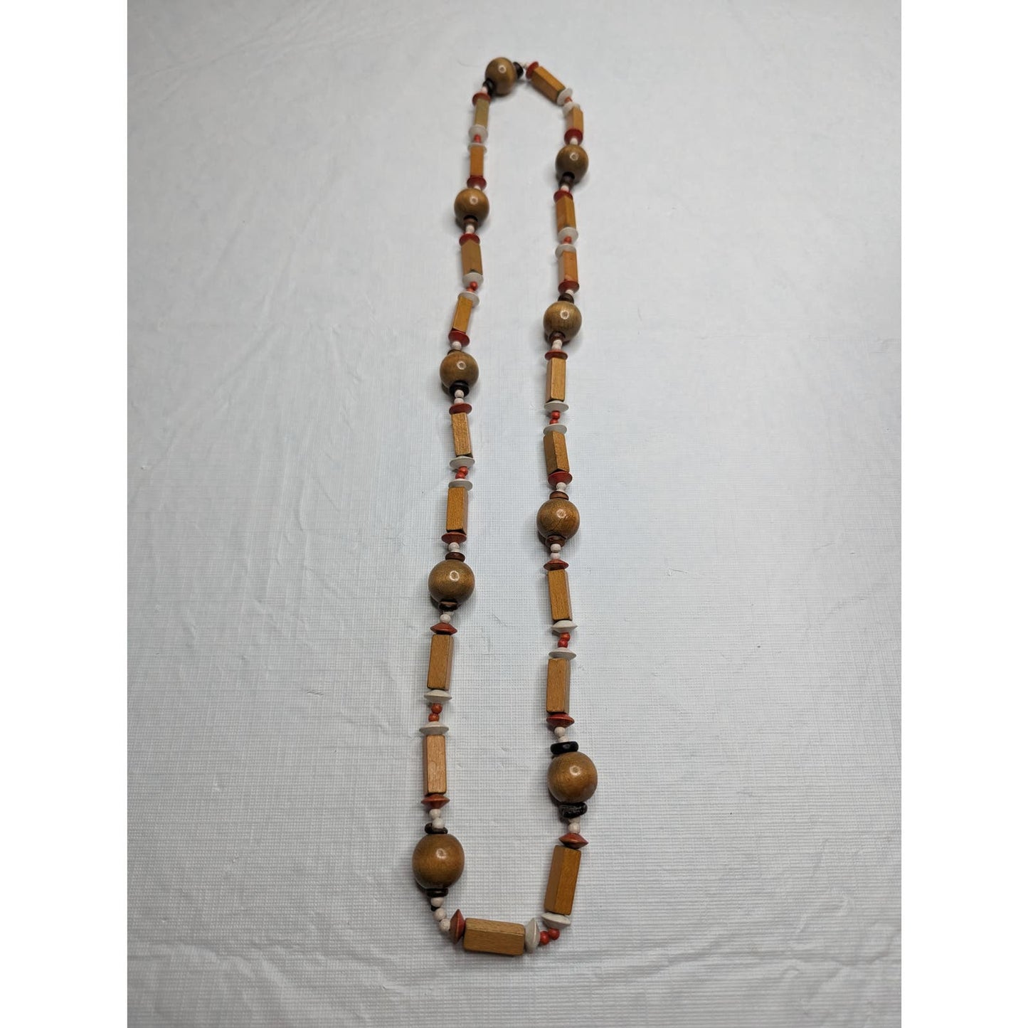 Vintage 1960s Wooden Bead Single Strand Geometric Necklace Brown