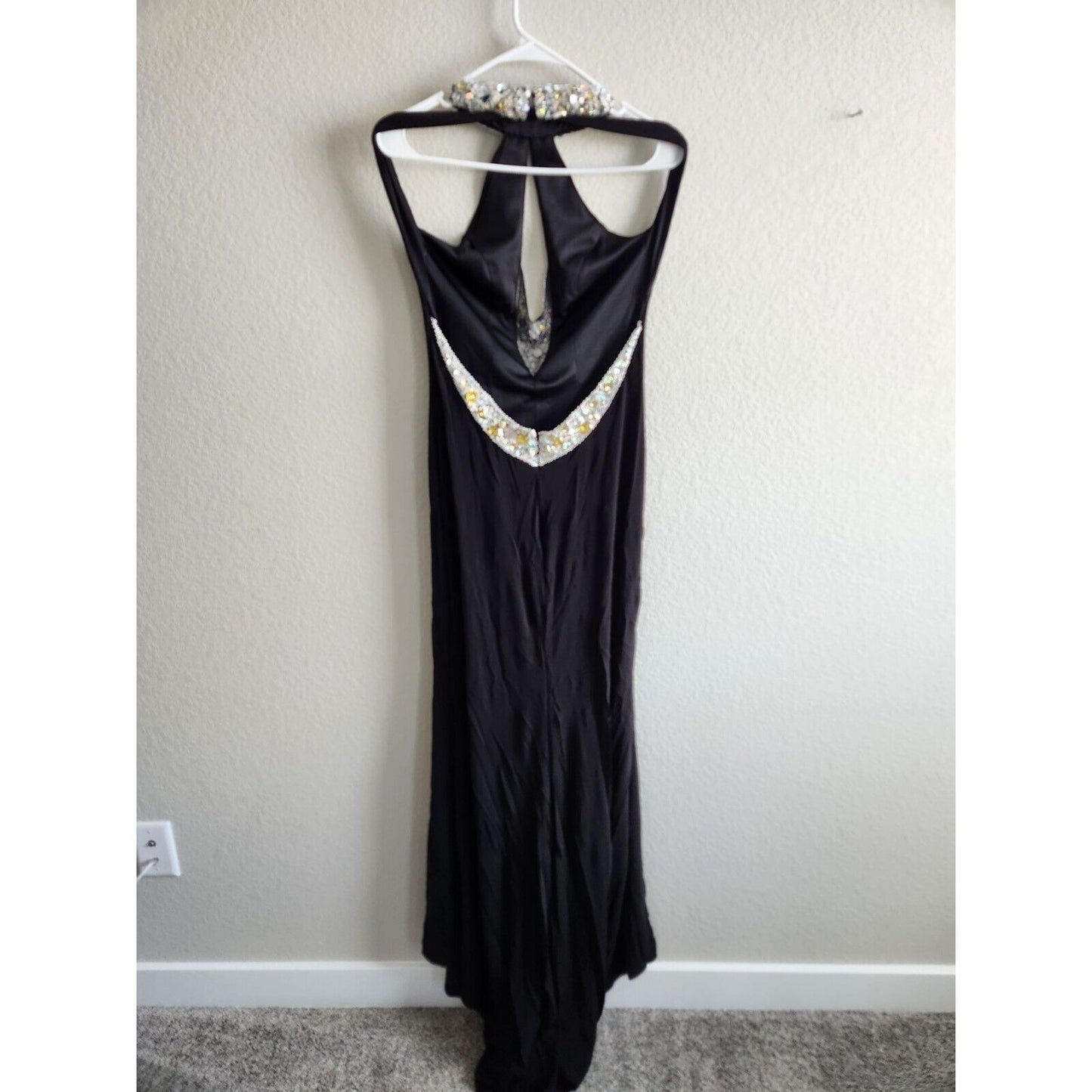 Vintage 1990s Sz 8 Formal Maxi Dress Black Beaded Front w/ Train Low Back