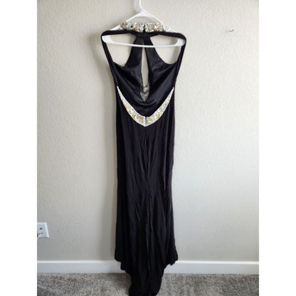 Vintage 1990s Sz 8 Formal Maxi Dress Black Beaded Front w/ Train Low Back