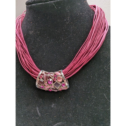 Vintage 1990s Pink Rope Style Statement Necklace Rhinestone Pendant