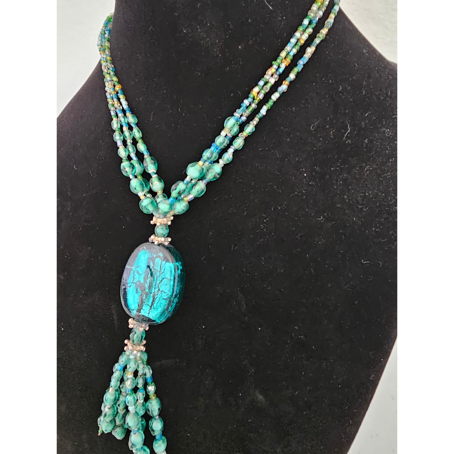 Vintage Mid century Teal Glass Beaded Necklace Southwestern Style Tassel